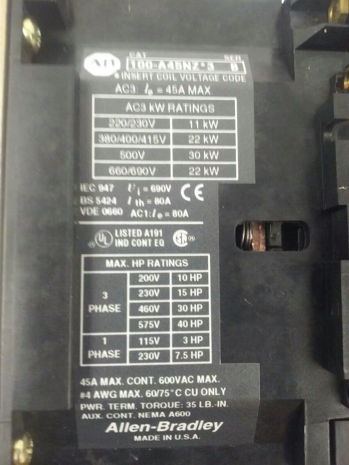 ALLEN BRADLEY 100-A45NZ*3 SER. B, CONTACTOR, 3PH, 600V, 45A, 40HP, 660/690V 22kW