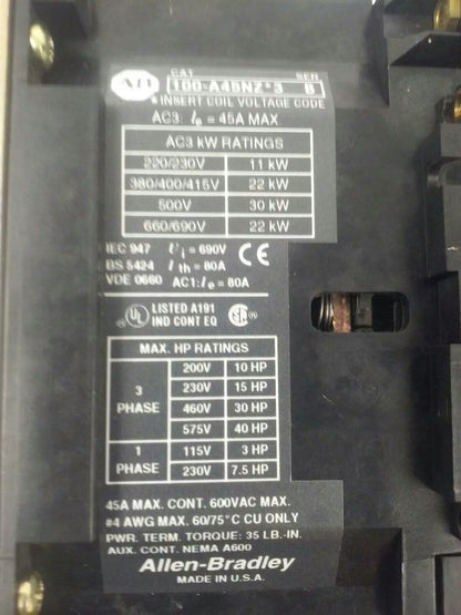 ALLEN BRADLEY 100-A45NZ*3 SER. B, CONTACTOR, 3PH, 600V, 45A, 40HP, 660/690V 22kW
