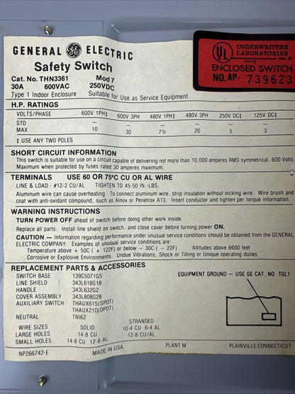 GE THN3361 HEAVY DUTY SAFETY SWITCH 30A MOD 7 600VAC 3PH 30HP 250VDC 5HP TYPE 1