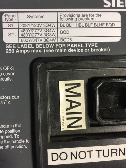 SIEMENS S1C42QJ150ATS CIRCUIT BREAKER PANELBOARD 280Y/120V QJ23B150 MAIN BREAKER