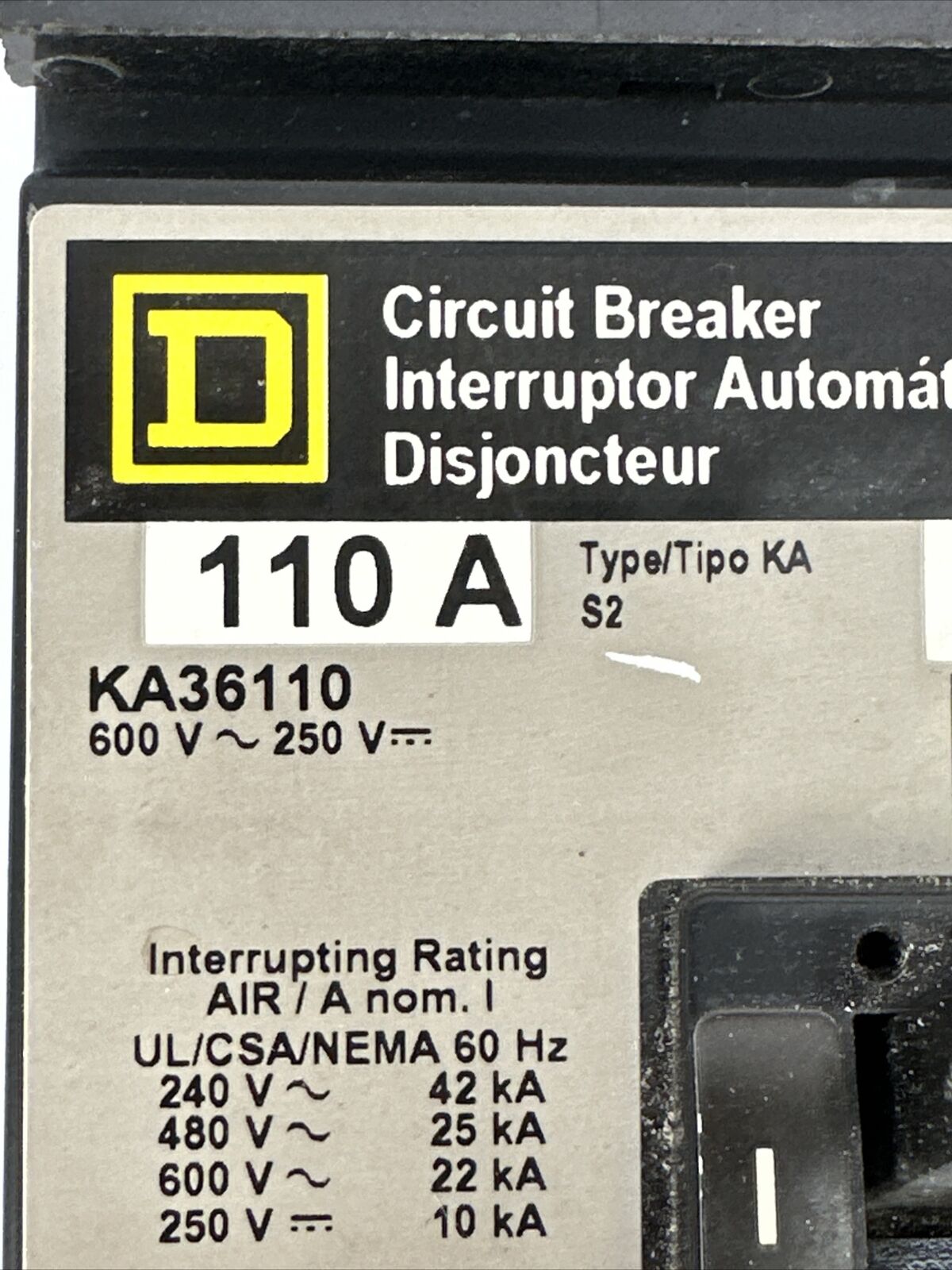 SQUARE D KA36110 CIRCUIT BREAKER 600VAC 250VDC 110AMP 3POLE