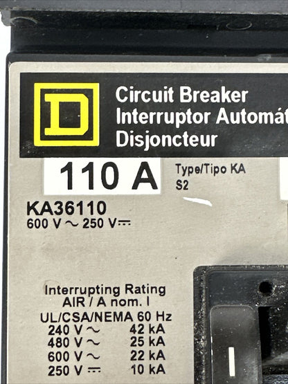 SQUARE D KA36110 CIRCUIT BREAKER 600VAC 250VDC 110AMP 3POLE