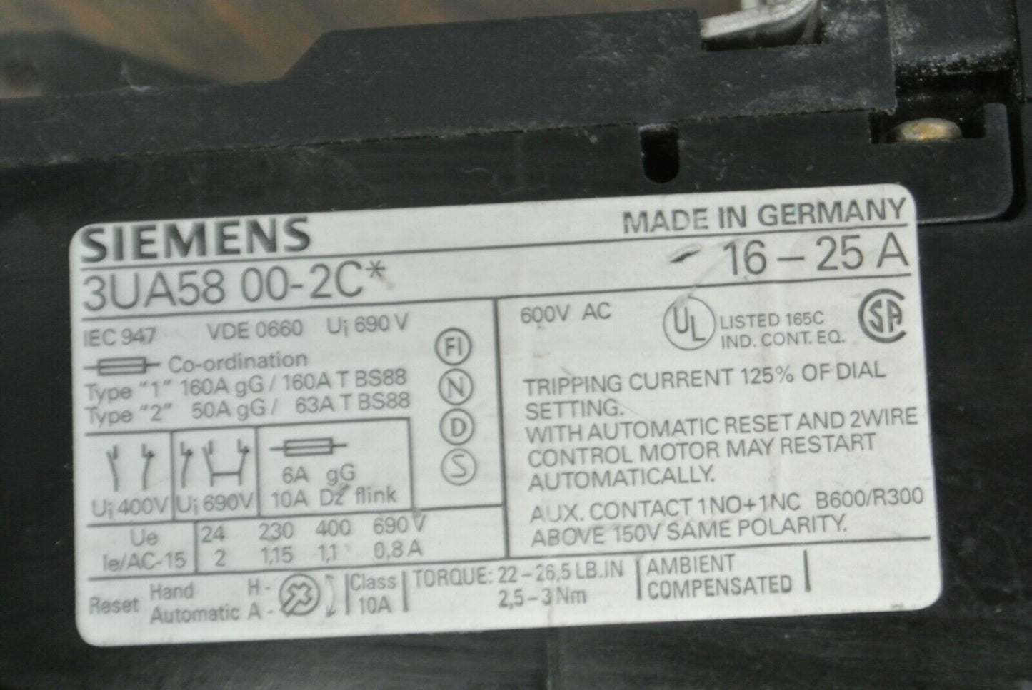 SIEMENS 3UA58 00-2C* OVERLOAD RELAY / 16-25 AMP