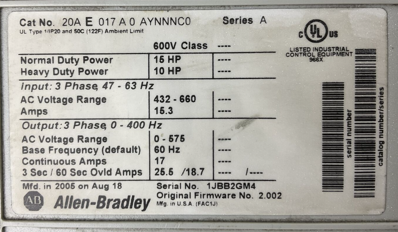 ALLEN BRADLEY 20AE017A0AYNNNC0 AC DRIVE SER A OUTPUT 0-575VAC 15HP F/W 2.002