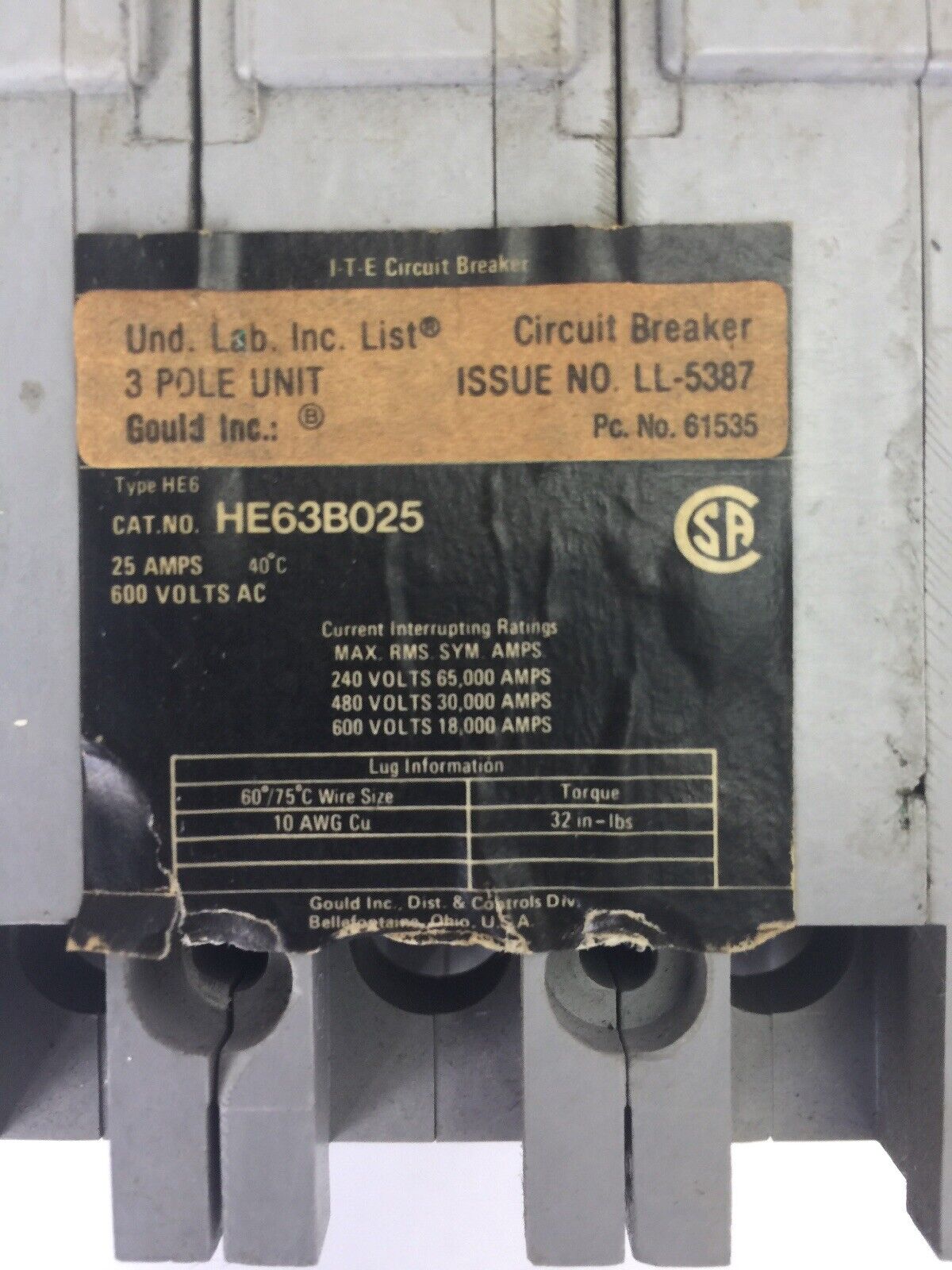 ITE HE63B025 CIRCUIT BREAKER 600VAC 25AMP 3 POLE