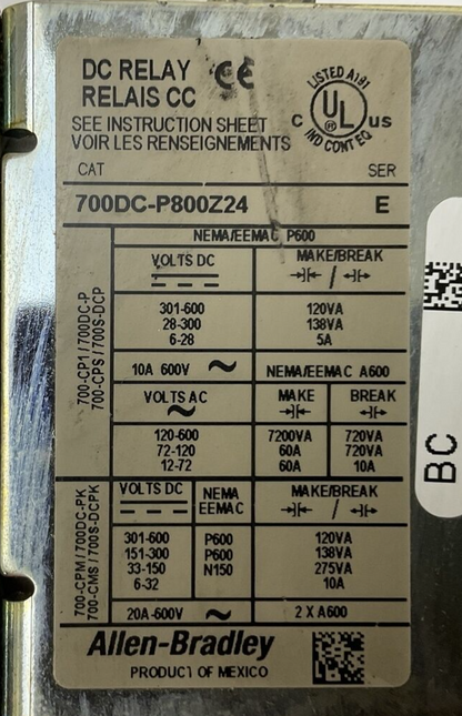 ALLEN BRADLEY 700DC-P800Z24 DC RELAY SER E COIL 24VDC