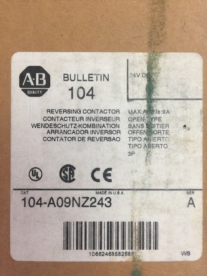 ALLEN BRADLEY 104-A09NZ243 REVERSING CONTACTOR SER A 600VAC 9A 5HP COIL 24VDC