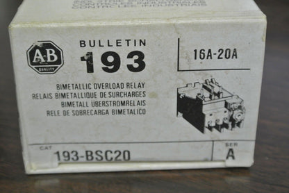 ALLEN-BRADLEY 193-BSC20 BIMETALLIC OVERLOAD RELAY 16A-20A - NEW SURPLUS