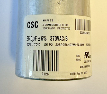 CSC 325P256H37M27A3XYK CAPACITOR 25.0UF 370VAC/B 50/60HZ