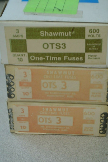 BOX of 10 / GOULD-SHAWMUT OTS3 ONE-TIME CLASS K5 FUSE / 3A / 600V / OTS-3