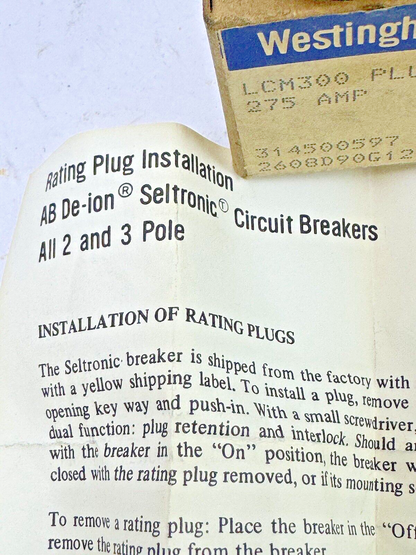 WESTINGHOUSE - LCM300 - RATING PLUG FOR 2/3 POLE AB DE-ION / SELTRONIC - NEW