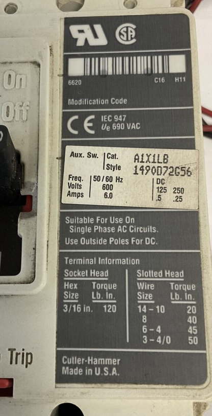 CUTLER HAMMER HMCP100R3C CIRCUIT BREAKER 100A 3POLE 600VAC-250VDC