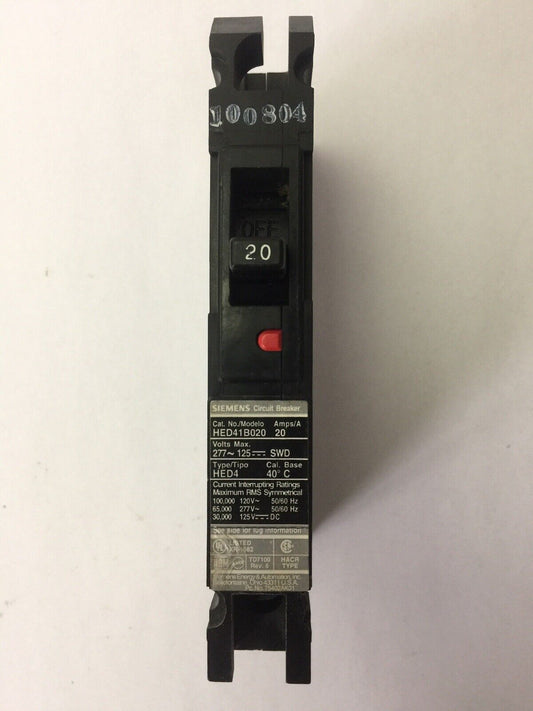 SIEMENS HED41B020 CIRCUIT BREAKER 20 AMP 277 VAC 125 VDC 1 POLE TYPE HED4