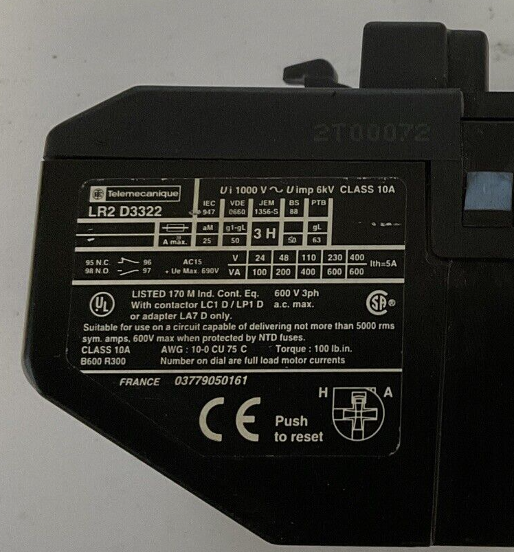 TELEMECANIQUE LR2 D3322 THERMAL OVERLOAD RELAY 10A 6KV