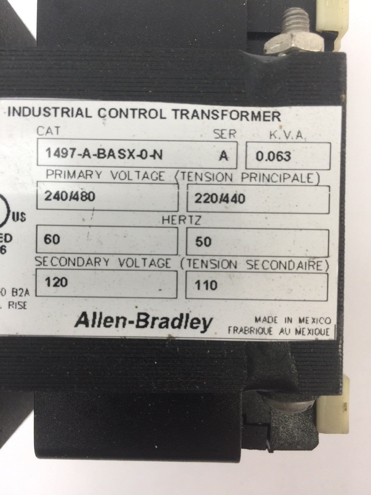 ALLEN BRADLEY 1497-A-BASX-0-N INDUSTRIAL CONTROL TRANSFORMWR 0.063 KVA 240/480V