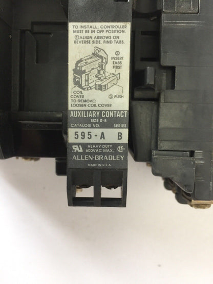 ALLEN BRADLEY 509-B0D SIZE 1 STARTER 600VAC 27AMP 10HP W40 HEATERS 120V COIL
