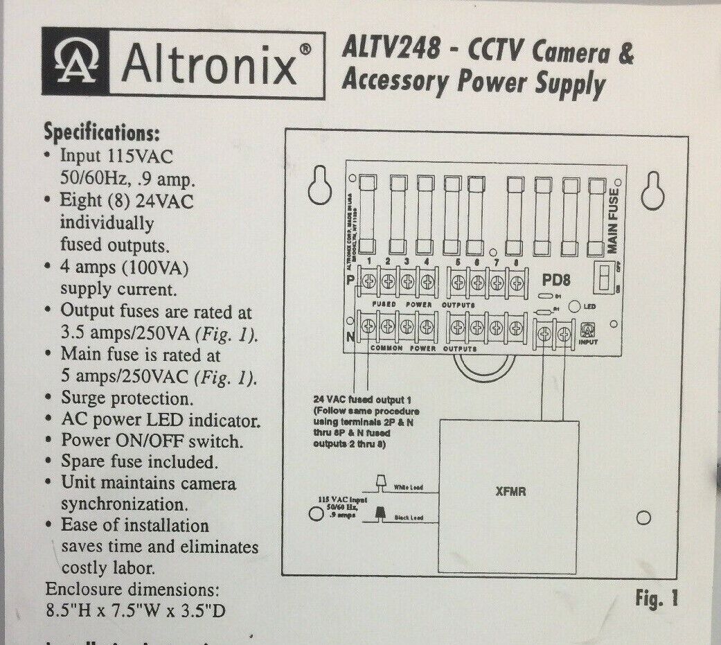 ALTRONIX ALTV248 CCTV CAMERA & ACCESSORY POWER SUPPLY 8 24VAC FUSED OUTPUT