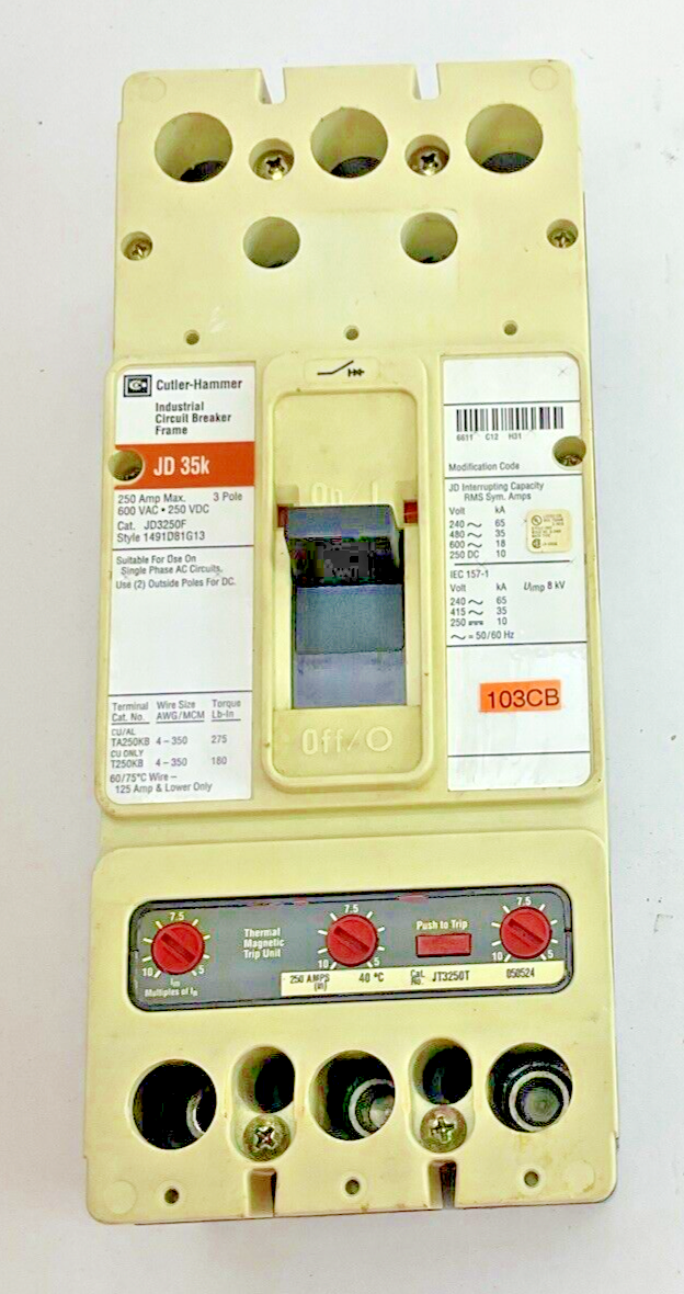 CUTLER HAMMER JD3250F CIRCUIT BREAKER JD 35K 600VAC 250VDC 3POLE