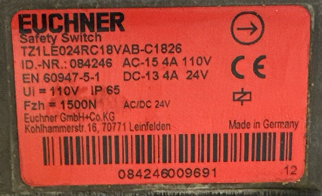 EUCHNER TZ1LE024RC18VAB-C1826 SAFETY SWITCH AC-15 4A 110V DC-13 4A 24V