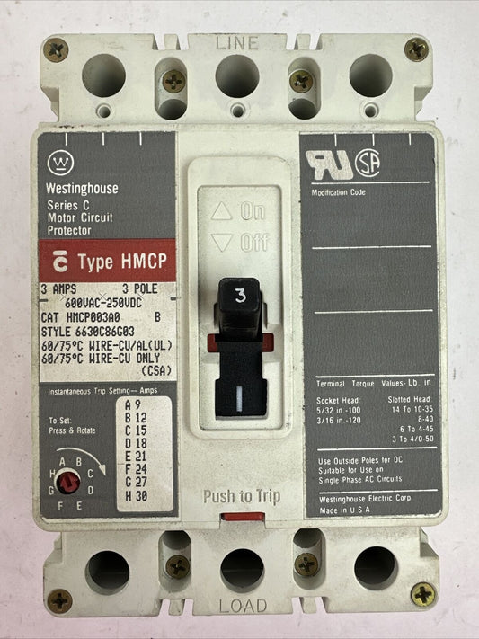 WESTINGHOUSE HMCP003A0 B SER C 3P 3AMP 600VAC 250VDC 6630C86G03 MOTOR CIRCUIT