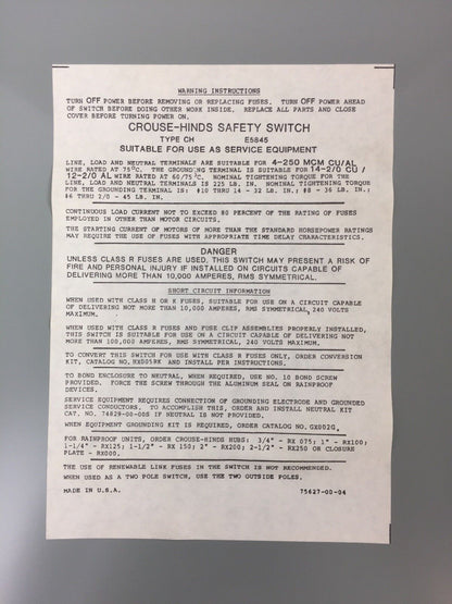 CROUSE-HINDS GH324N 200 AMP 240 VAC GENERAL DUTY SAFETY SWITCH