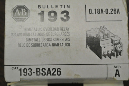 ALLEN-BRADLEY 193-BSA26 BI-METALLIC OVERLOAD RELAY 0.18A-0.26A / NEW SURPLUS