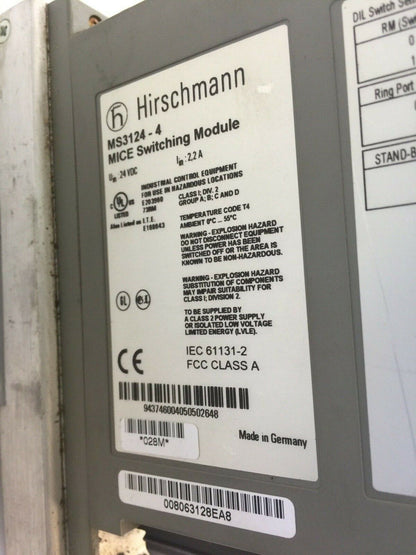 HIRSCHMANN MS3124-4 MICE SWITCHING MODULE 24VDC (4) MM2-4TX1 MICE MEDIA MODULE