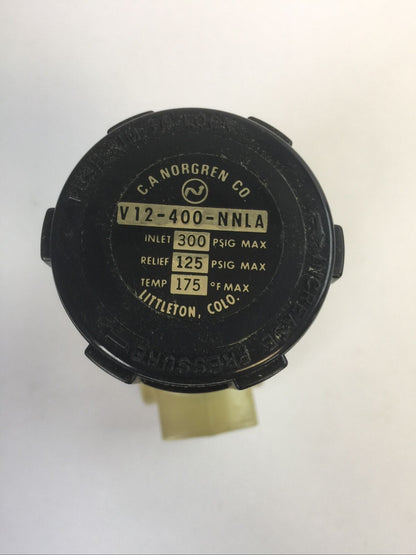 C.A. NORGREN CO. V12-400-NNLA PRESSURE RELIEF VALVE INLET 300PSIG RELIEF 125PSIG