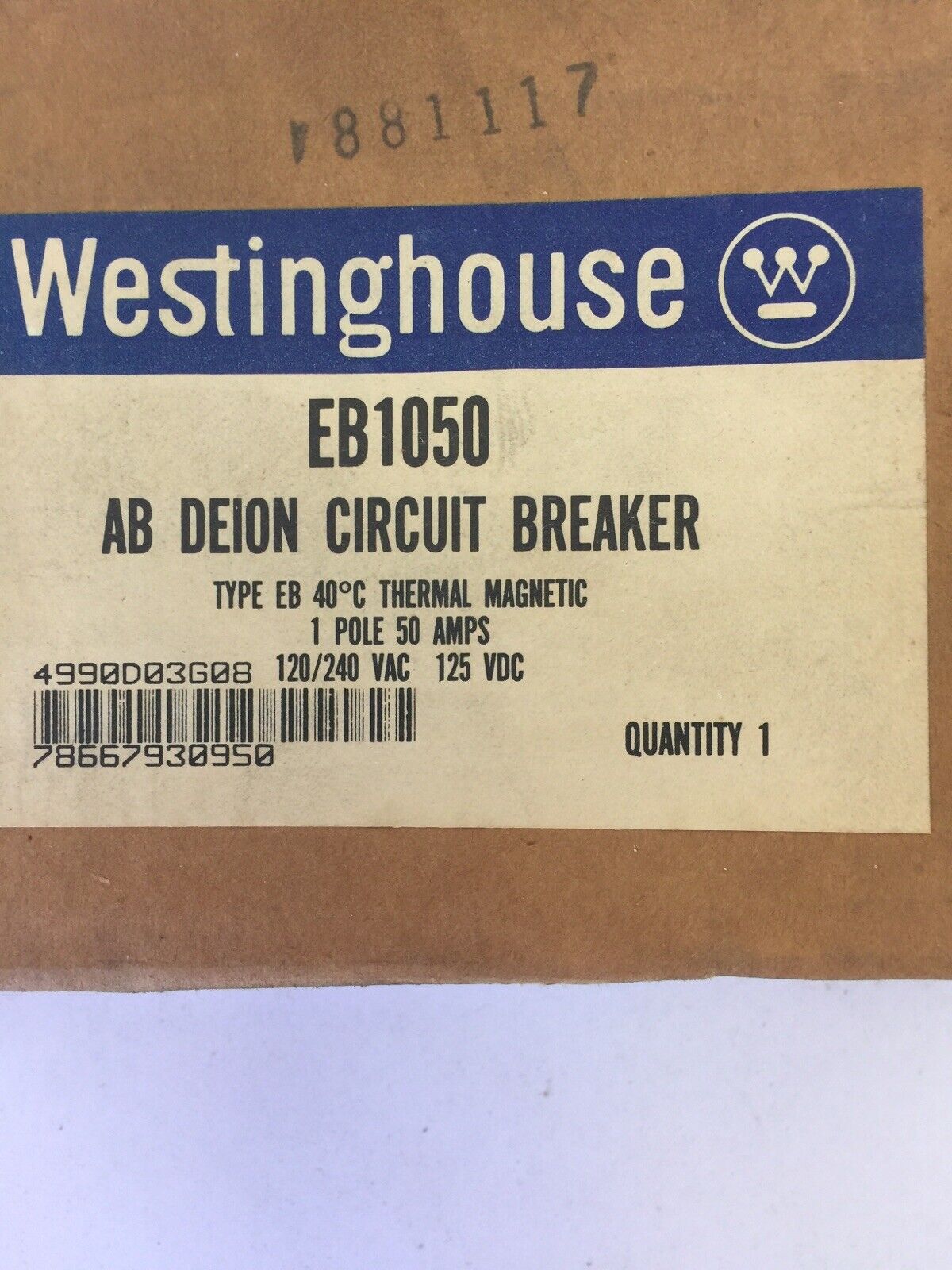 WESTINGHOUSE EB1050 CIRCUIT BREAKER 50AMP 1POLE 120/240VAC 125VDC 4990D03G08