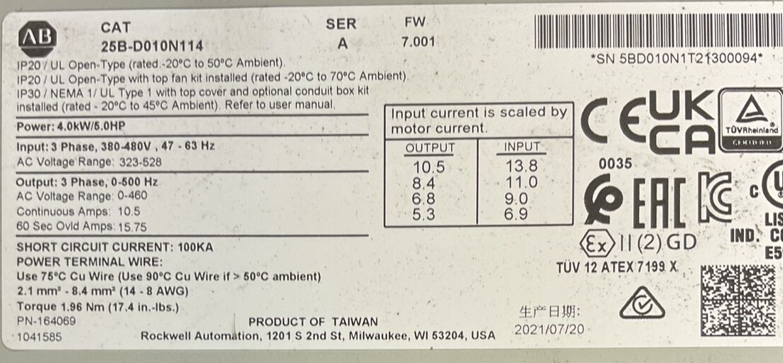 ALLEN BRADLEY 25B-D010N114 AC DRIVE FRN 7.001 OUTPUT 0-460VAC SER A