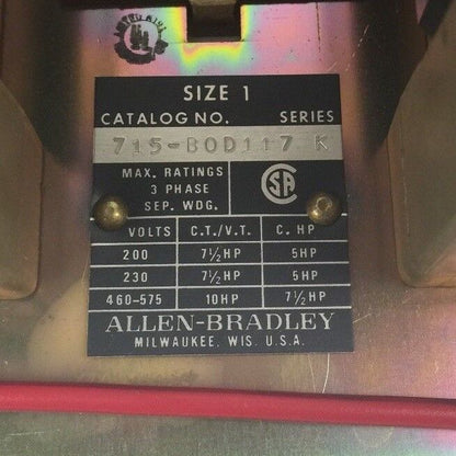 ALLEN BRADLEY 715-BOD117 TWO SPEED STARTER SEPARATE WINDING SIZE 1 120V 60HZ