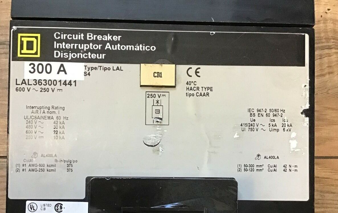 SQUARE D LAL363001441 CIRCUIT BREAKER 300A 600VAC 250VDC SERIES 4 W/O TRIPS