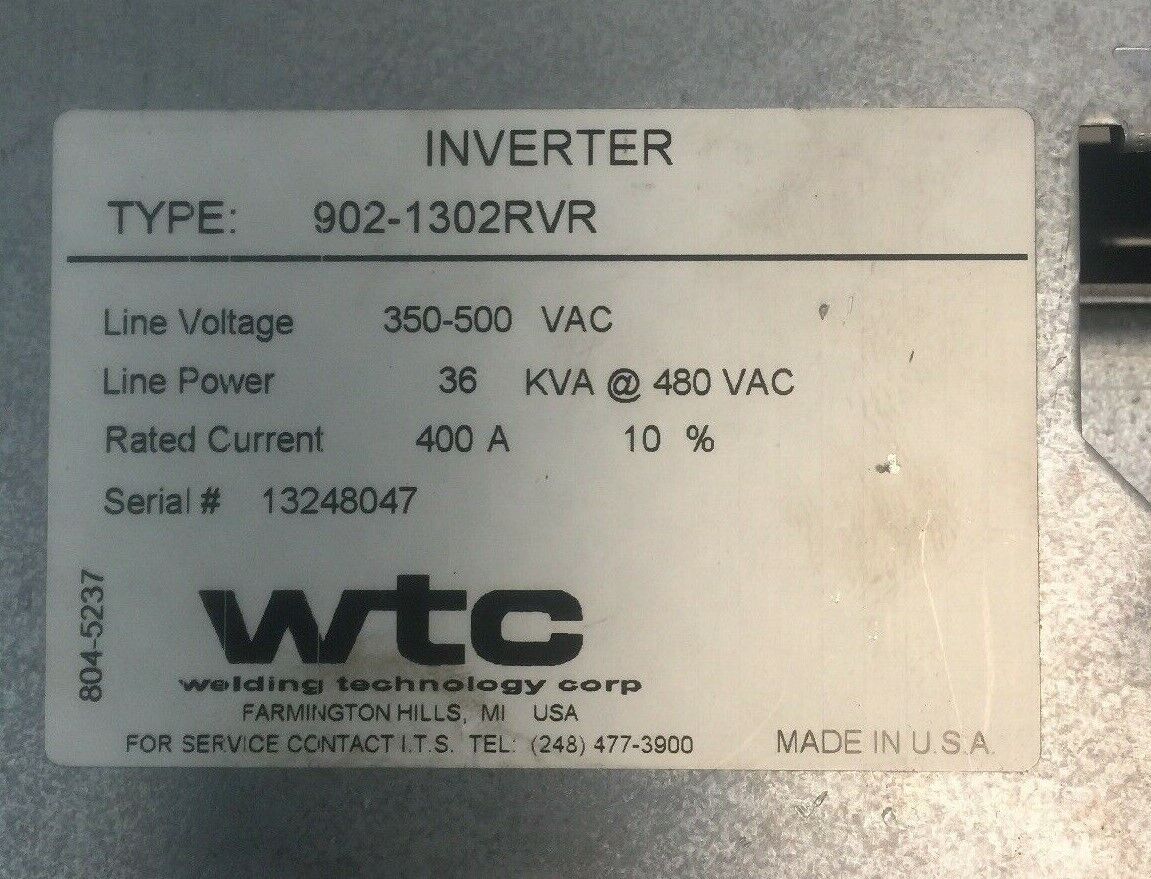 WELDING TECHNOLOGY CORP 902-1302RVR GEN6 MFDC INVERTER 350-500VAC 36KVA 400A WTC