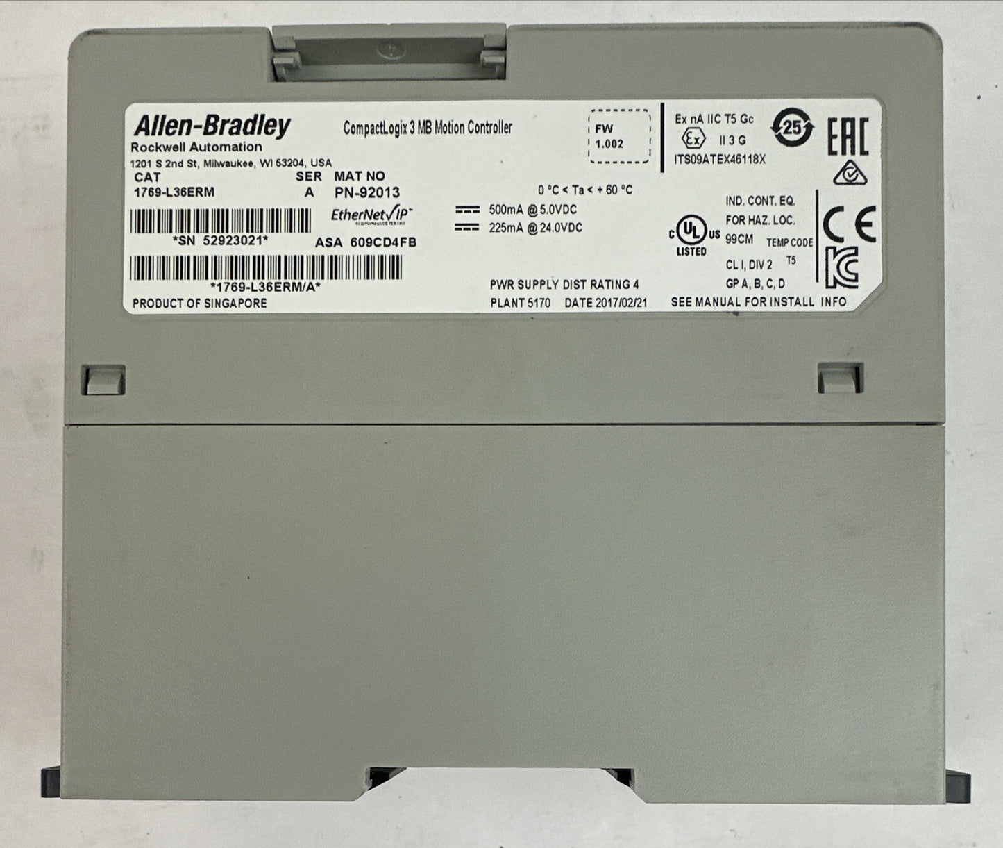 ALLEN BRADLEY 1769-L36ERM SER A FW 1.002 COMPACT LOGIX 3 MB MOTION CONTROLLER