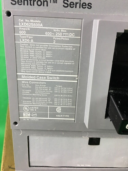 SIEMENS SENTRON LXD62S600ALAC MOLDED CASE SWITCH LXD6-A 600AMP 2P 600V