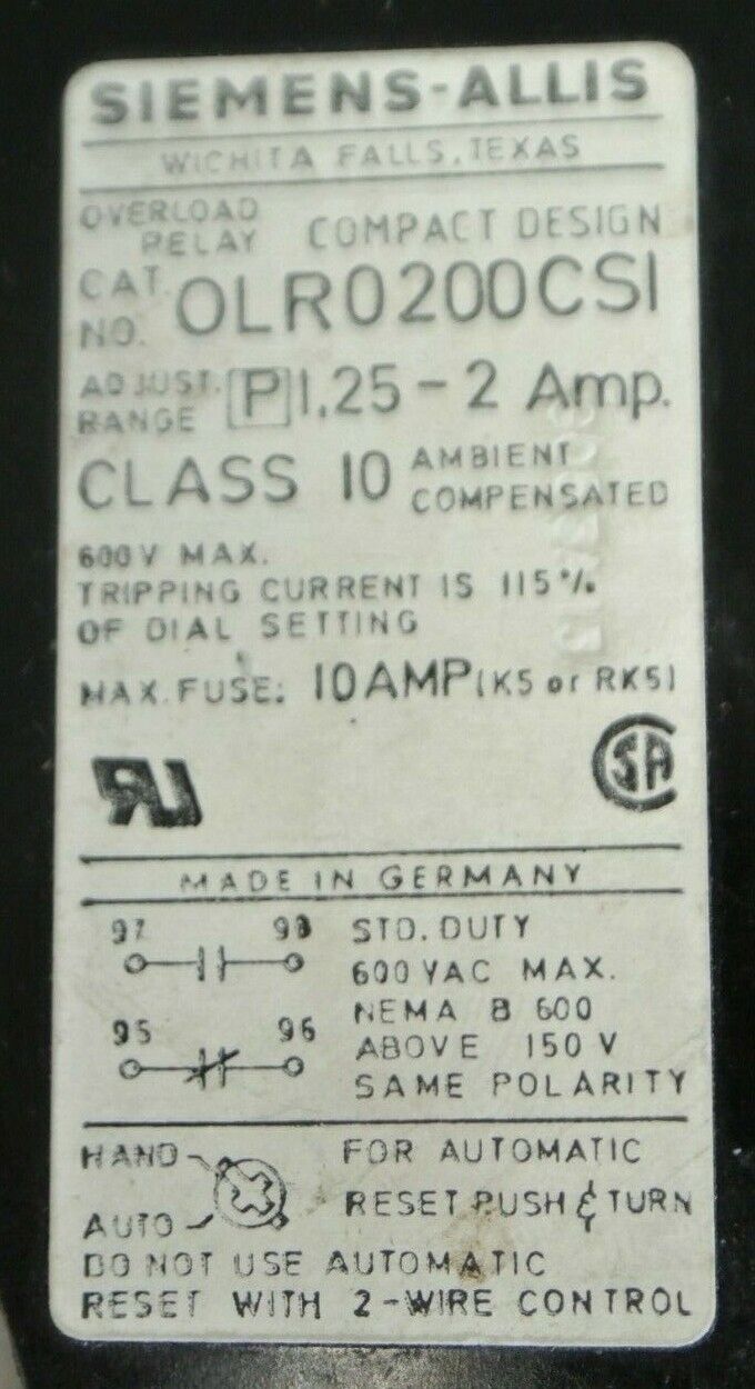 SIEMENS -ALLIS OLR0200CS1 OVERLOAD RELAY 1.25-2.0A