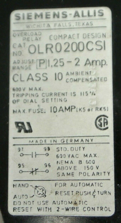 SIEMENS -ALLIS OLR0200CS1 OVERLOAD RELAY 1.25-2.0A