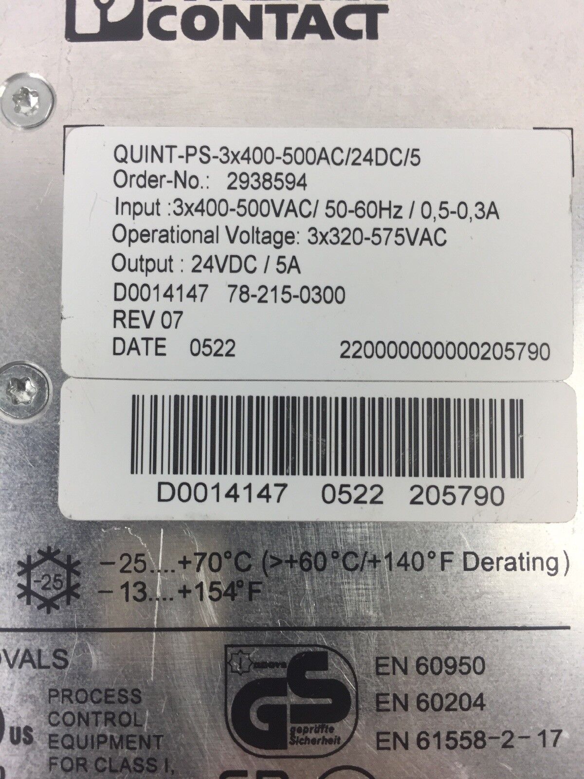 PHOENIX CONTACT QUINT-PS-3X400-500AC/24DC/5 POWER SUPPLY 24VDC 5A