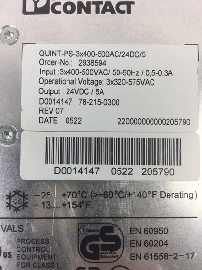 PHOENIX CONTACT QUINT-PS-3X400-500AC/24DC/5 POWER SUPPLY 24VDC 5A