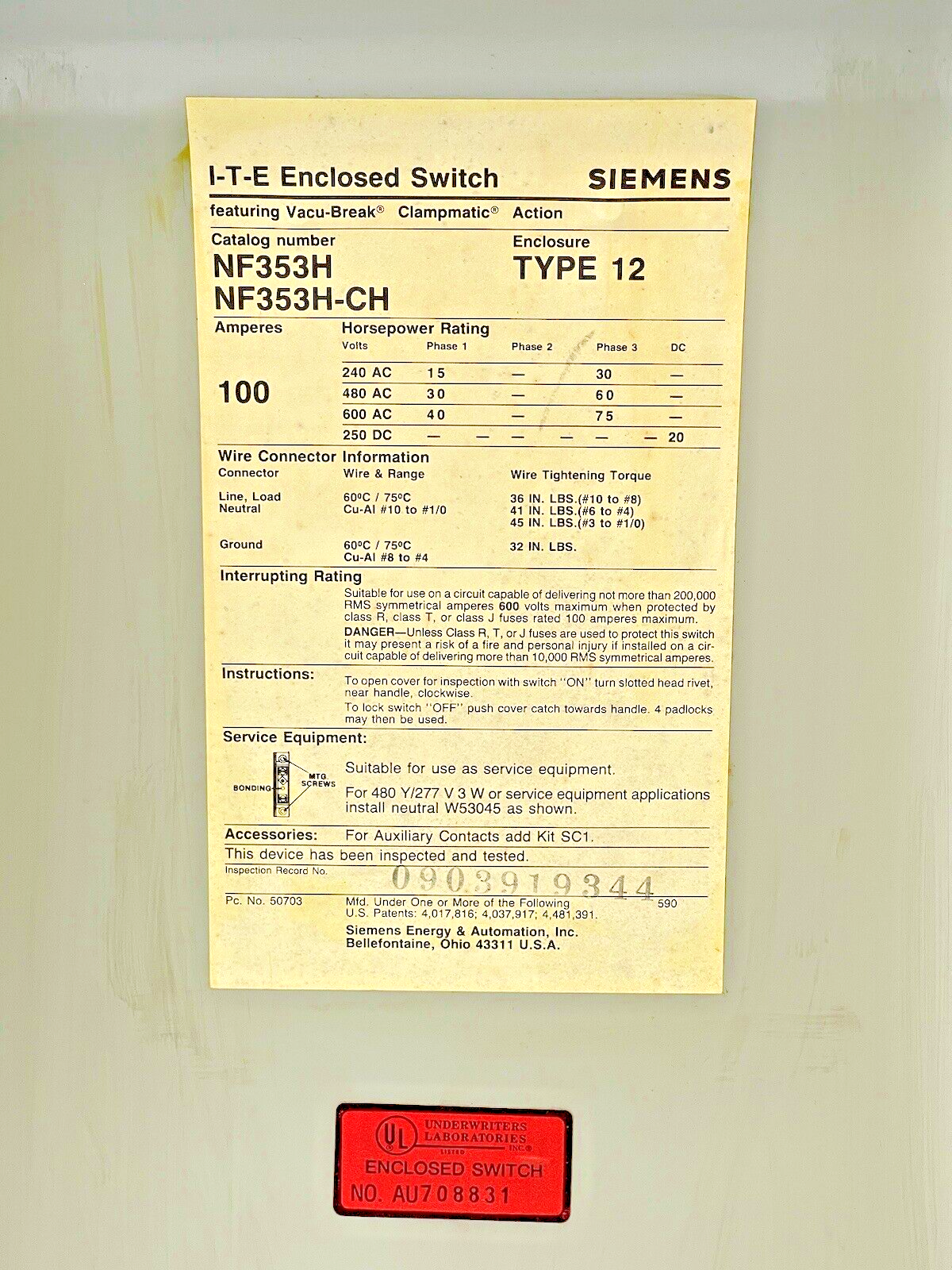 ITE / SIEMENS - NF353H / NF353H-CH - ENCLOSED SWITCH - 100 A, 600 VAC, TYPE 12