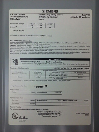 SIEMENS GNF323 SAFETY SWITCH NEMA TYPE 1 TYPE VB11 100A 240VAC 30HP 250VDC 2P