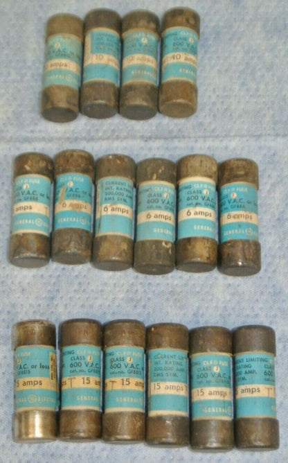 LOT of 16 / GENERAL ELECTRIC CLF6, CLF10, CLF15 CLASS J CURRENT-LIMITING FUSES