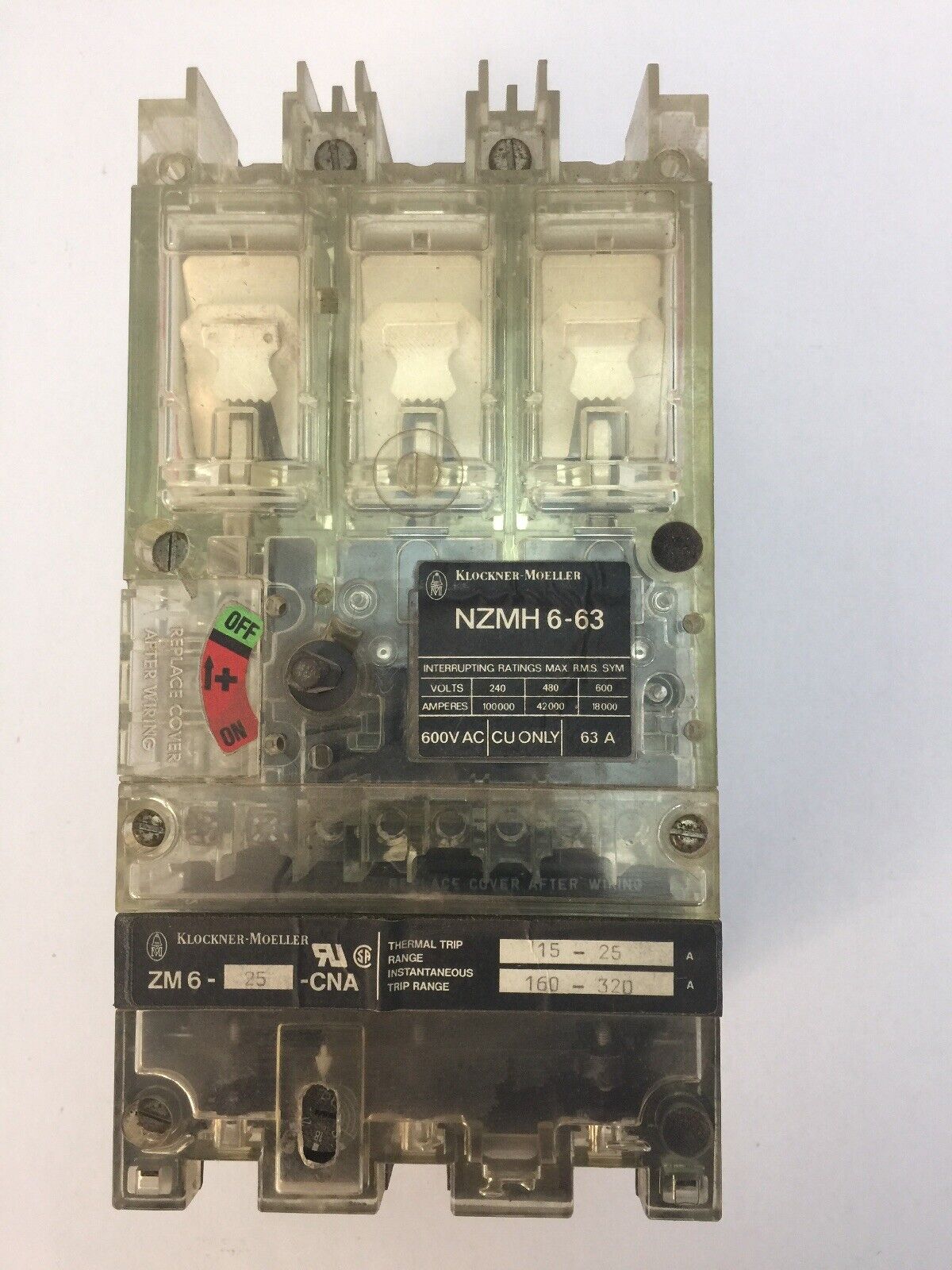KLOCKNER MOELLER NZMH6-63 CIRCUIT BREAKER 600VAC 63A ZM6-25-CNA THERMAL TRIP
