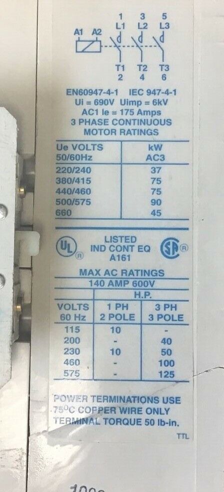 CUTLER HAMMER CE55NNY4 REVERSING CONTACTOR SER.A1 140A 600VAC STARTER