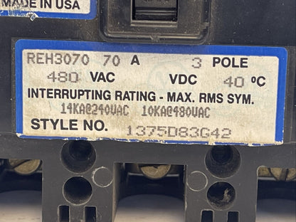 WESTINGHOUSE REH3070 CIRCUIT BREAKER 70AMP 480VAC 3POLE 1375D83G42