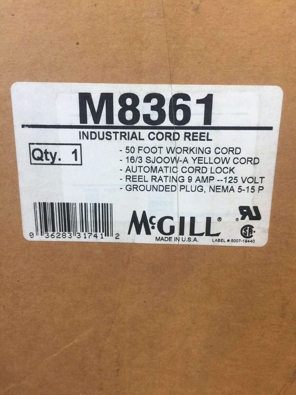 MCGILL M8361 INDUSTRIAL CORD REEL 9A 125V 50FT WORKING CORD AUTOMATIC CORD LOCK