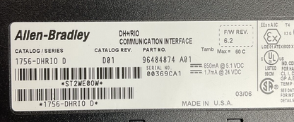 ALLEN BRADLEY 1756-DHRIO SER D CAT REV D01 F/W REV 6.2 DH+/RIO COMMUNICATIONS