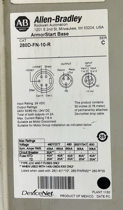 ALLEN BRADLEY 280D-FN-10-R SER C ARMORSTART BASE 280D-F12Z-10C-GRW-3-P1 CONTROL
