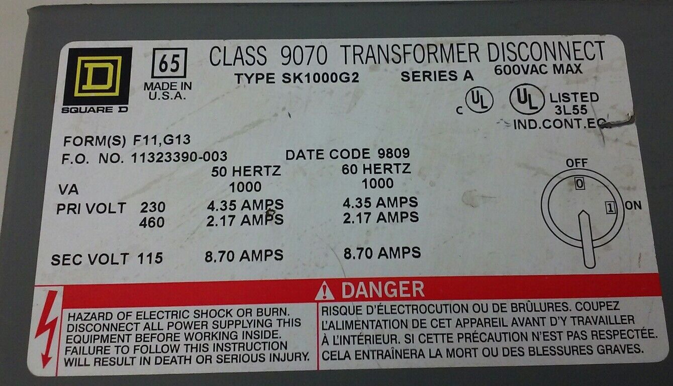 SQUARE D TRANSFORMER DISCONNECT CLASS 9070 TYPE SK1000G2 SERIES A, 600VAC MAX
