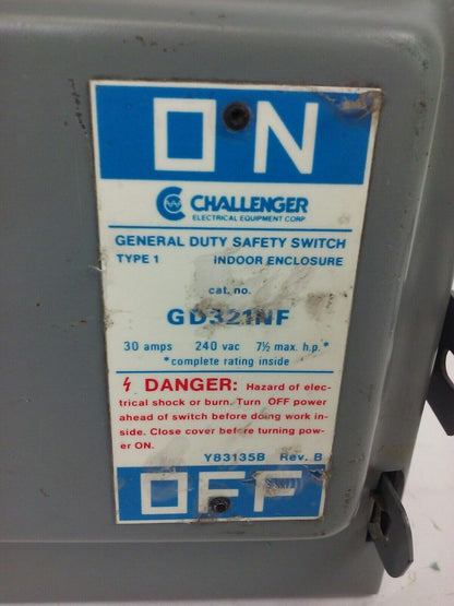 CHALLENGER GD321NF, 30A, 240V, 7 1/2 MAX H.P., TYPE 1 INDOOR, SAFETY SWITCH, NEW